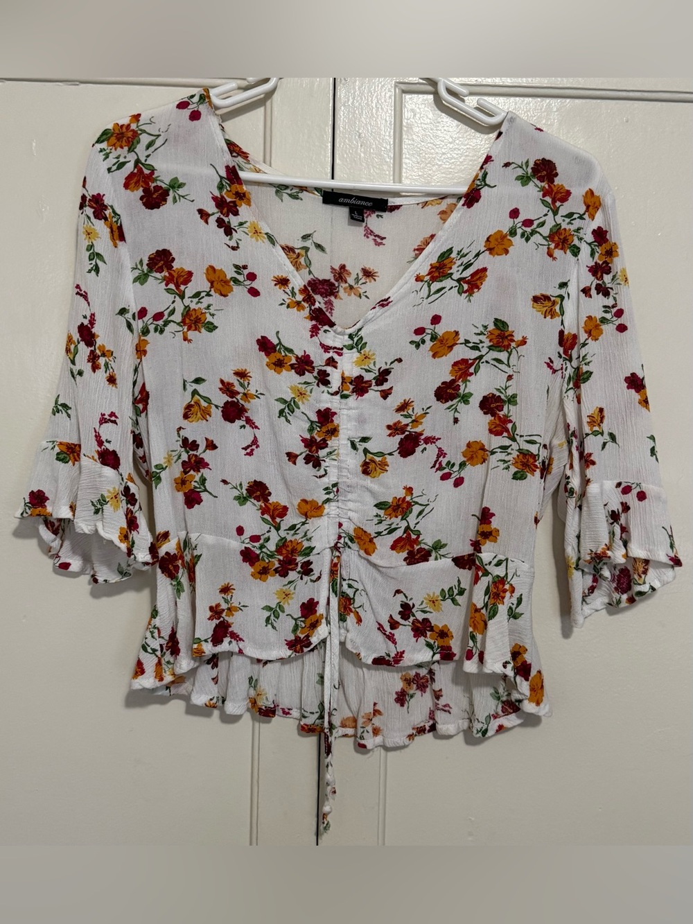 White Floral V-Neck Tie-Front Crop Top
